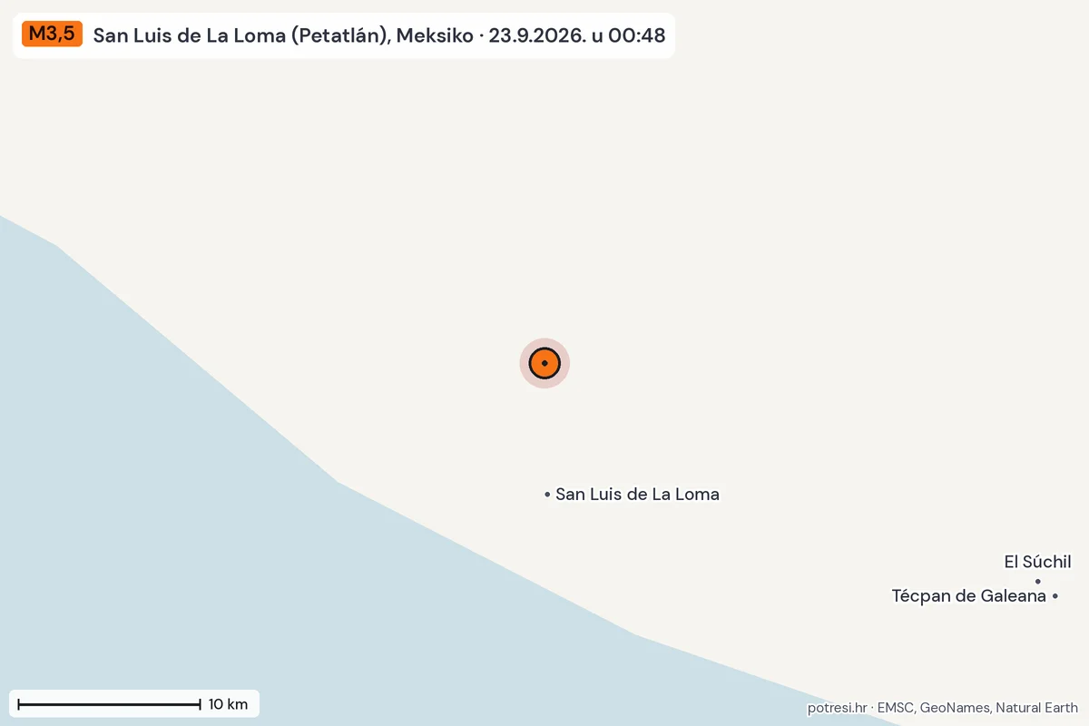 Karta: okolica epicentra, 60 km, potres M3,5, San Luis de La Loma (Petatlán), Meksiko, 23.9.2026.