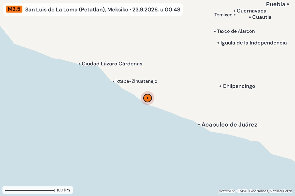 Karta: šire područje, 600 km, potres M3,5, San Luis de La Loma (Petatlán), Meksiko, 23.9.2026.