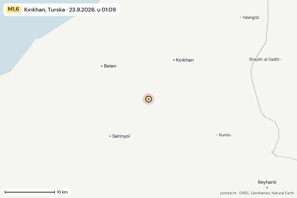 Karta: okolica epicentra, 60 km, potres M1,6, Kırıkhan, Turska, 23.9.2026.