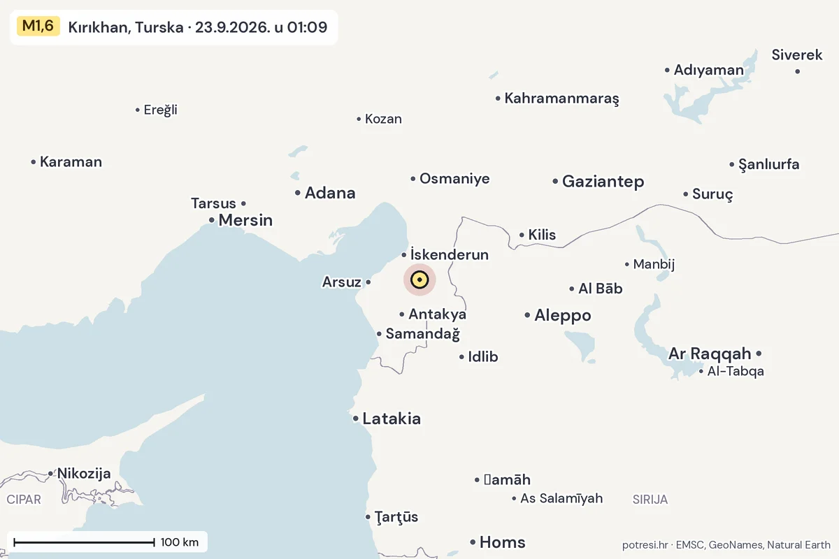 Karta: šire područje, 600 km, potres M1,6, Kırıkhan, Turska, 23.9.2026.