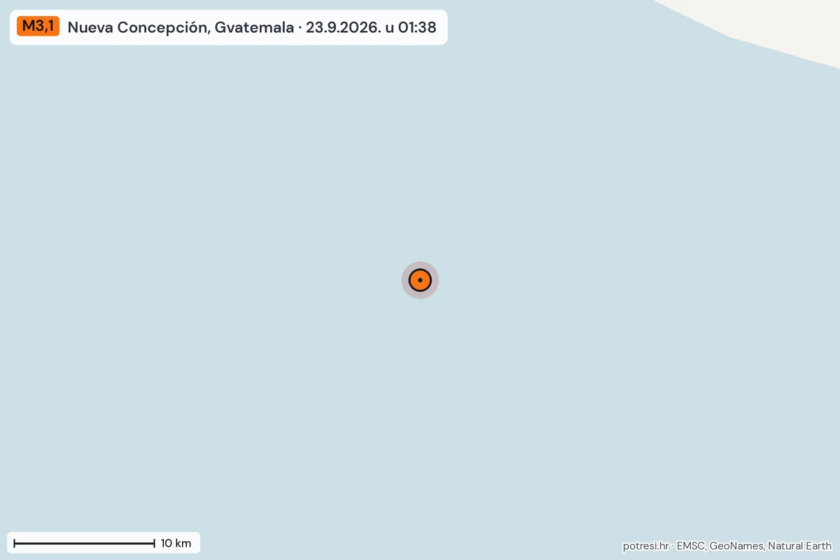 Karta: okolica epicentra, 60 km, potres M3,1, Nueva Concepción, Gvatemala, 23.9.2026.