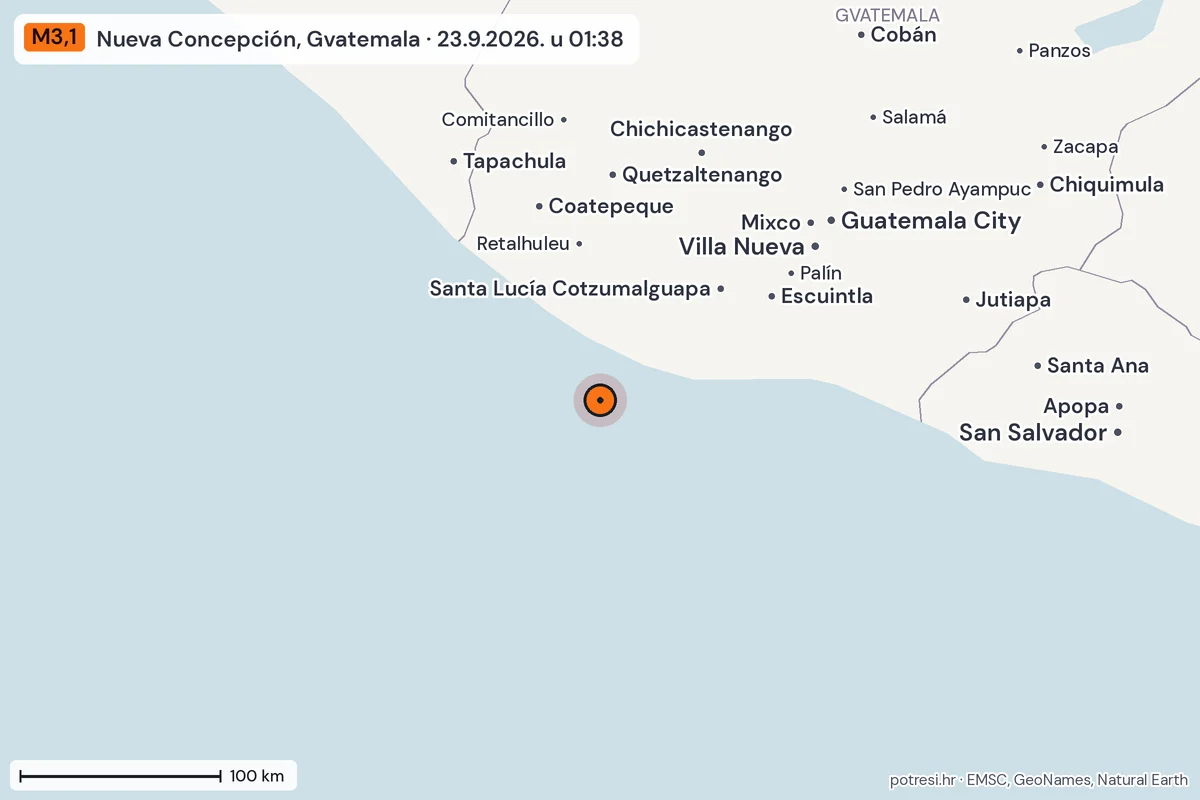 Karta: šire područje, 600 km, potres M3,1, Nueva Concepción, Gvatemala, 23.9.2026.