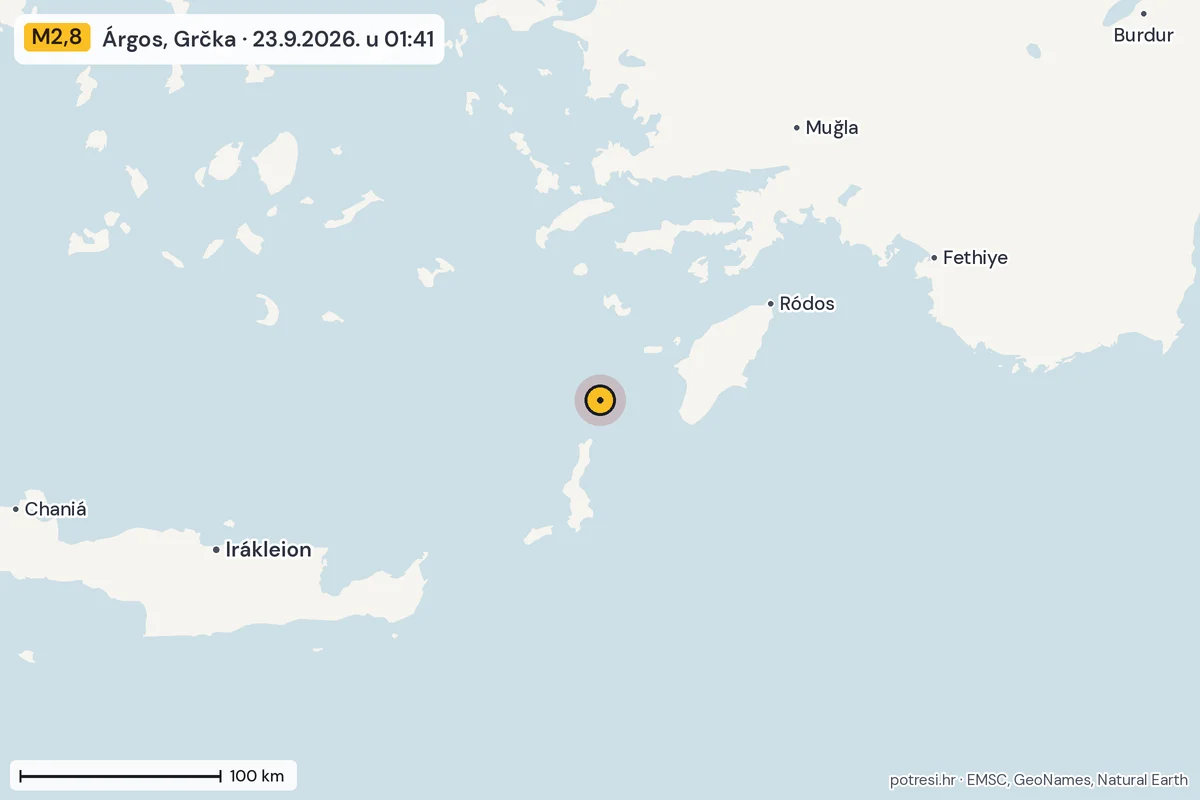 Karta: šire područje, 600 km, potres M2,8, Árgos, Grčka, 23.9.2026.