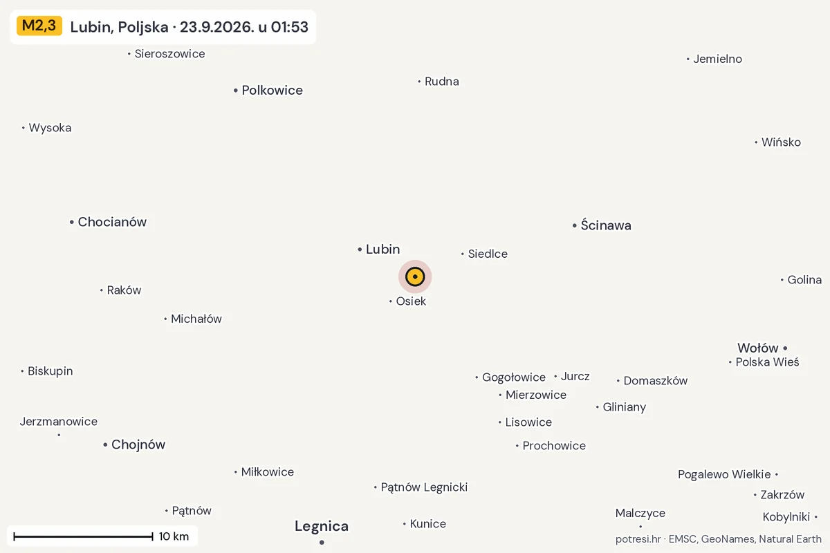 Karta: okolica epicentra, 60 km, potres M2,3, Lubin, Poljska, 23.9.2026.
