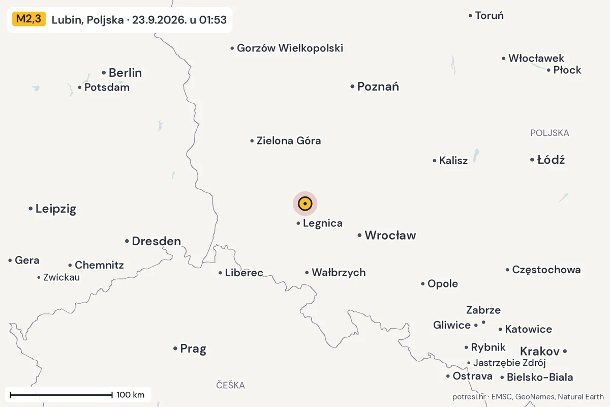 Karta: šire područje, 600 km, potres M2,3, Lubin, Poljska, 23.9.2026.