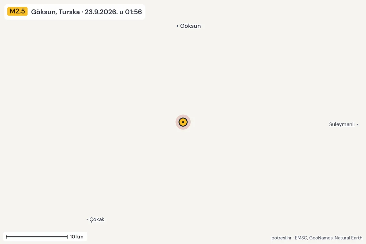 Karta: okolica epicentra, 60 km, potres M2,5, Göksun, Turska, 23.9.2026.