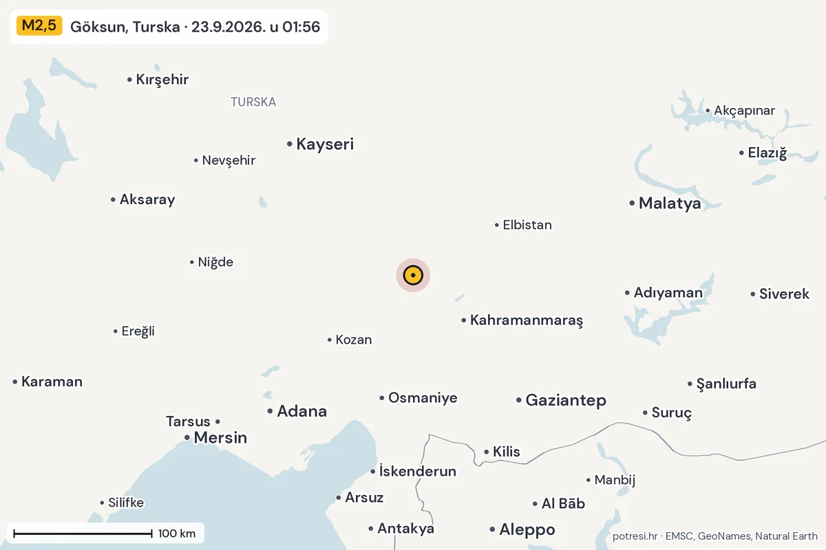 Karta: šire područje, 600 km, potres M2,5, Göksun, Turska, 23.9.2026.