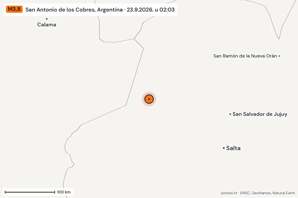 Karta: šire područje, 600 km, potres M3,8, San Antonio de los Cobres, Argentina, 23.9.2026.