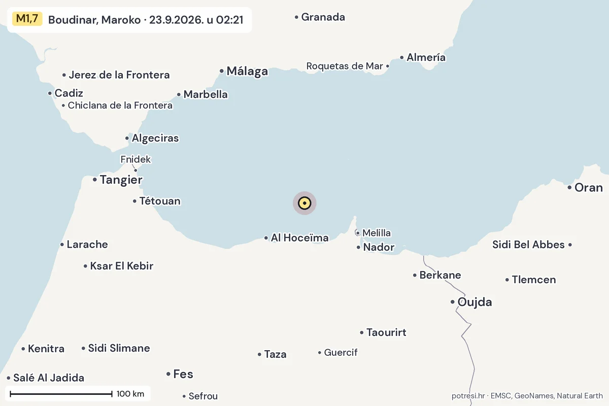 Karta: šire područje, 600 km, potres M1,7, Boudinar, Maroko, 23.9.2026.