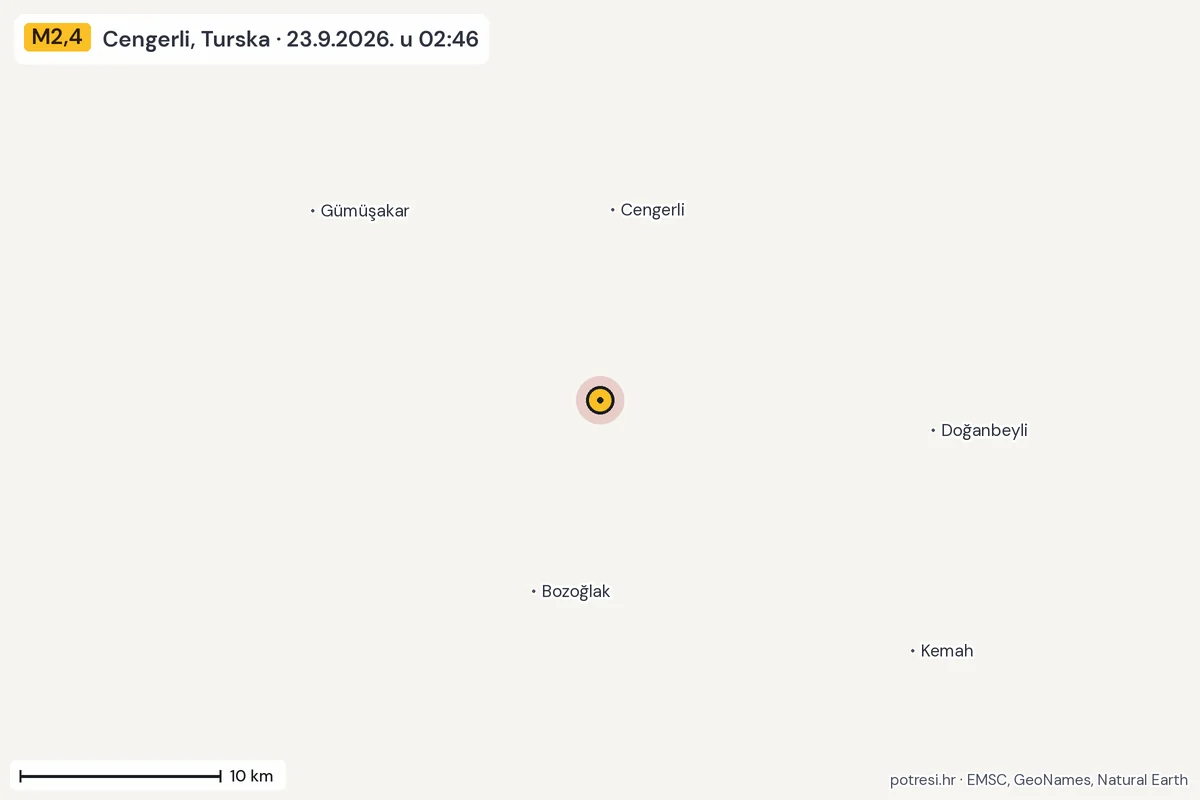 Karta: okolica epicentra, 60 km, potres M2,4, Cengerli, Turska, 23.9.2026.