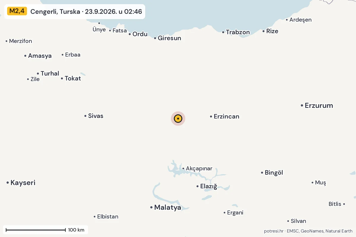 Karta: šire područje, 600 km, potres M2,4, Cengerli, Turska, 23.9.2026.