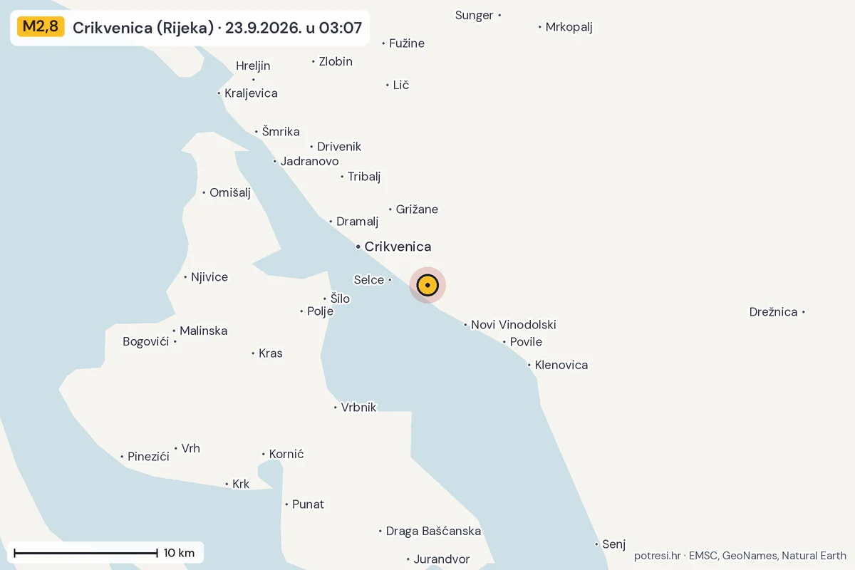 Karta: okolica epicentra, 60 km, potres M2,8, Crikvenica (Rijeka), 23.9.2026.