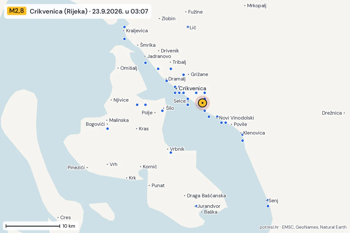 Karta: izvješća građana, potres M2,8, Crikvenica (Rijeka), 23.9.2026.