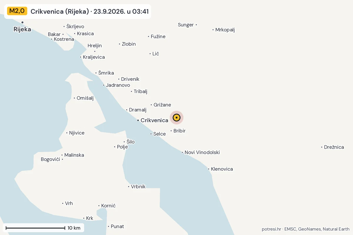 Karta: okolica epicentra, 60 km, potres M2,0, Crikvenica (Rijeka), 23.9.2026.