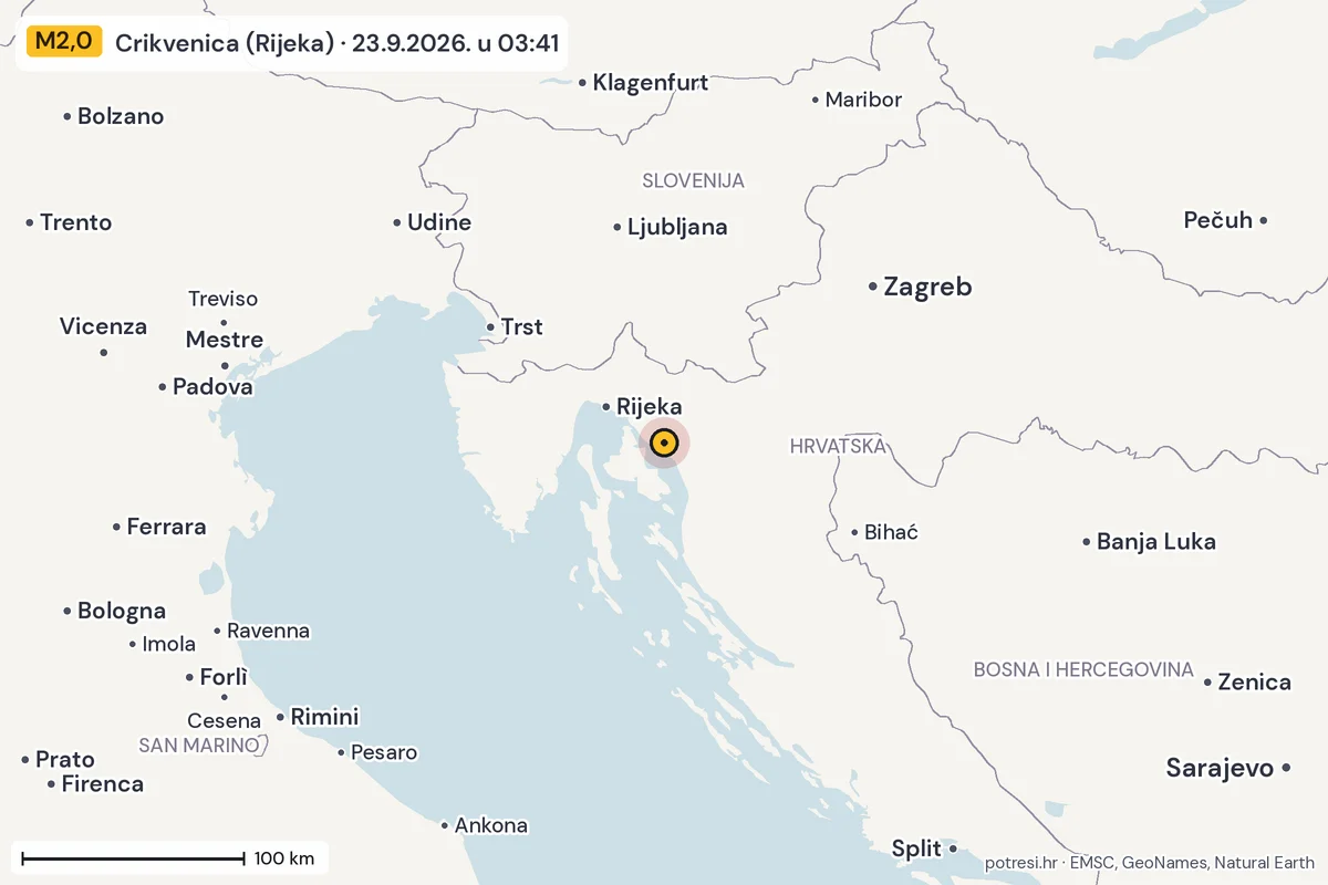 Karta: šire područje, 600 km, potres M2,0, Crikvenica (Rijeka), 23.9.2026.