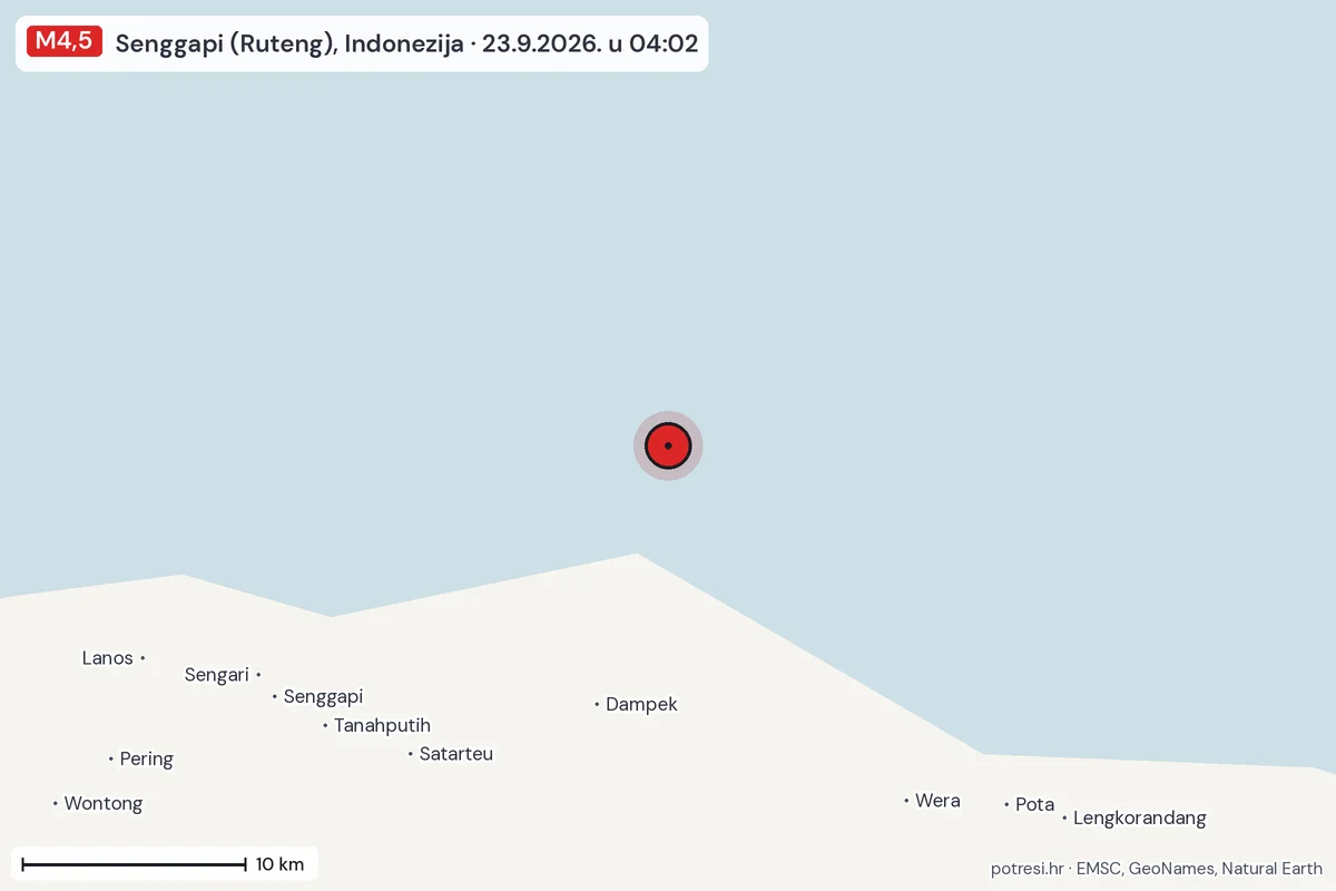 Karta: okolica epicentra, 60 km, potres M4,5, Senggapi (Ruteng), Indonezija, 23.9.2026.