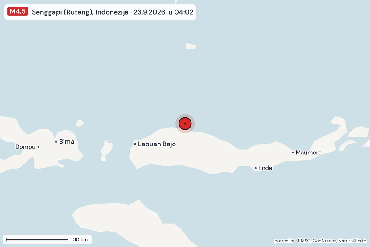 Karta: šire područje, 600 km, potres M4,5, Senggapi (Ruteng), Indonezija, 23.9.2026.