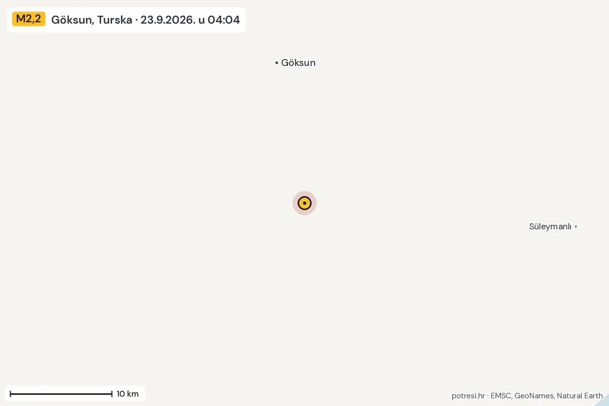 Karta: okolica epicentra, 60 km, potres M2,2, Göksun, Turska, 23.9.2026.