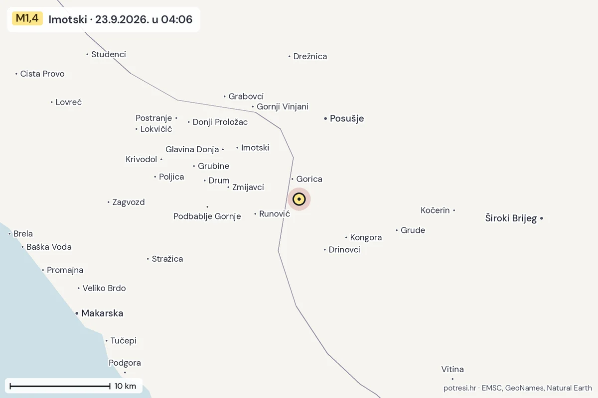 Karta: okolica epicentra, 60 km, potres M1,4, Imotski, 23.9.2026.