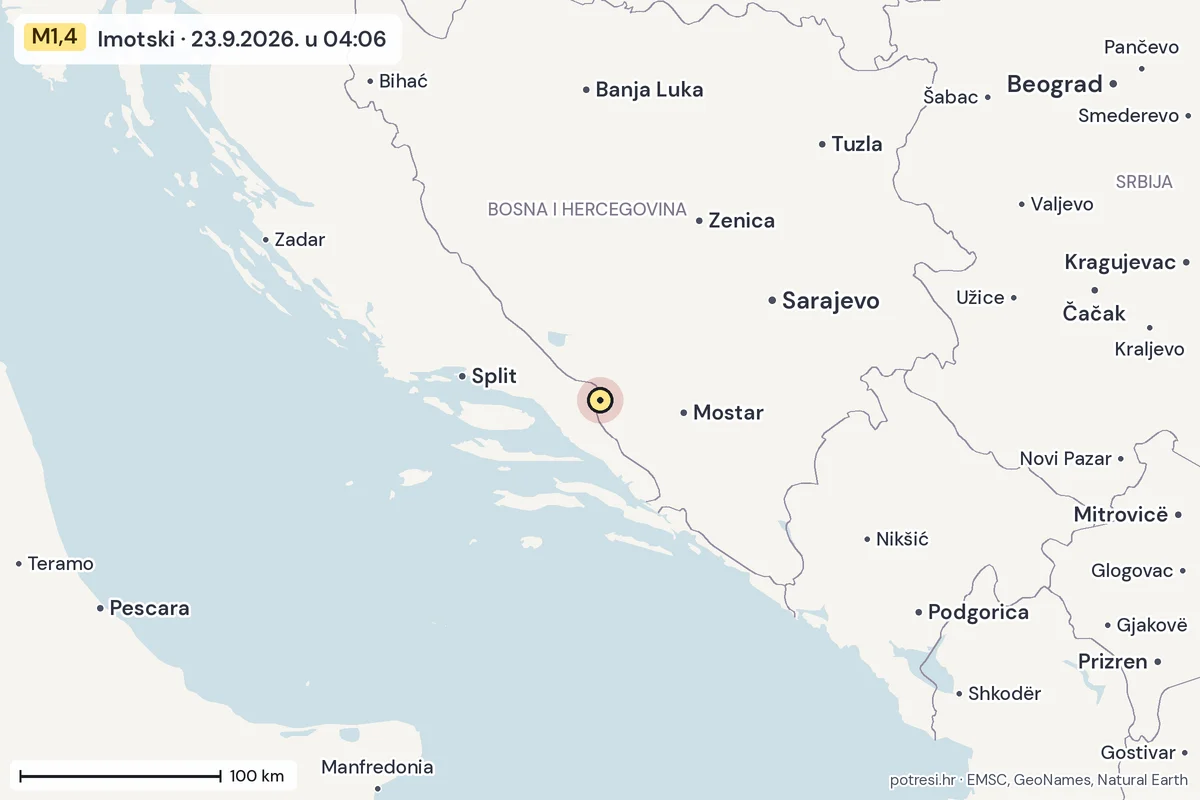 Karta: šire područje, 600 km, potres M1,4, Imotski, 23.9.2026.