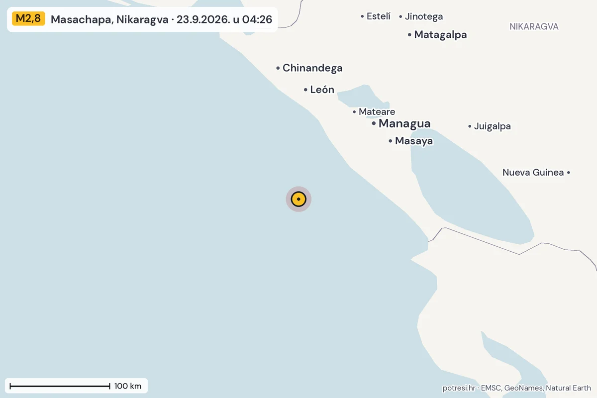 Karta: šire područje, 600 km, potres M2,8, Masachapa, Nikaragva, 23.9.2026.