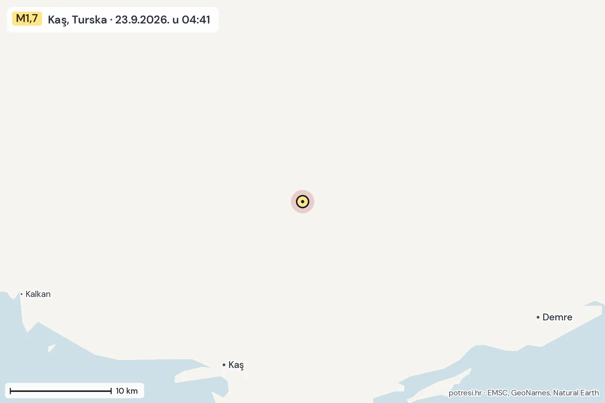 Karta: okolica epicentra, 60 km, potres M1,7, Kaş, Turska, 23.9.2026.