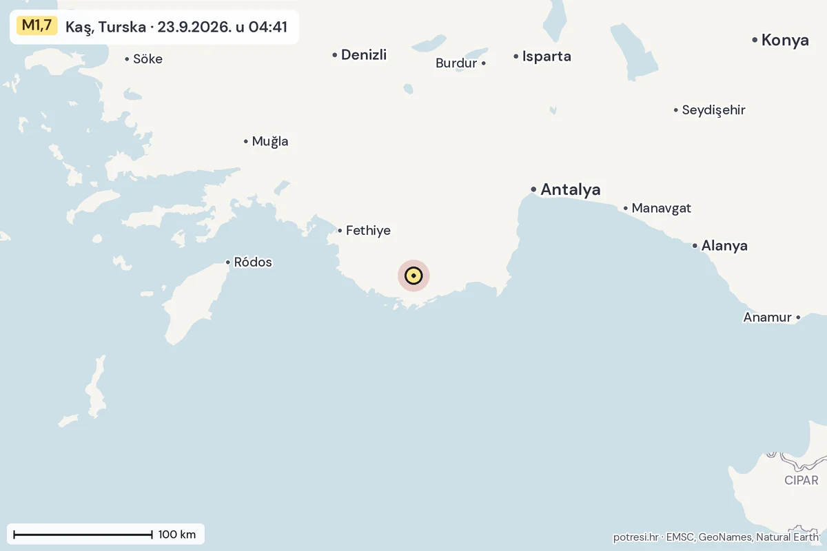 Karta: šire područje, 600 km, potres M1,7, Kaş, Turska, 23.9.2026.