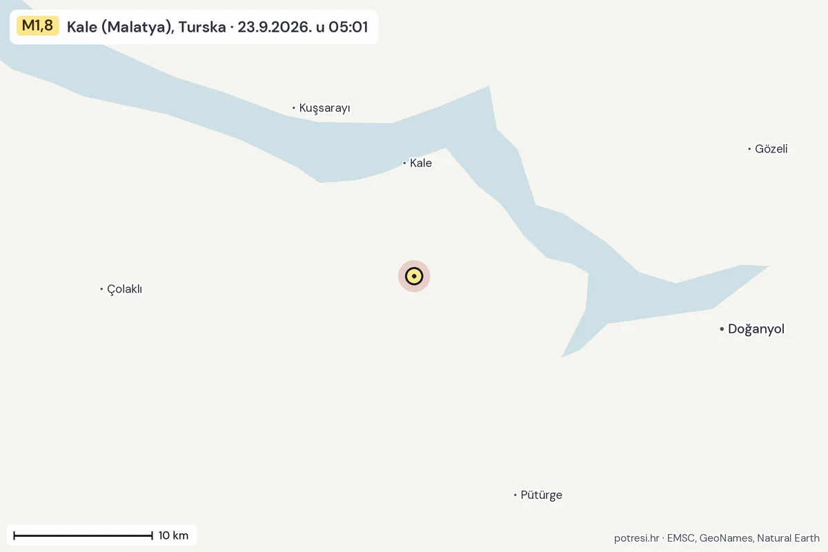 Karta: okolica epicentra, 60 km, potres M1,8, Kale (Malatya), Turska, 23.9.2026.