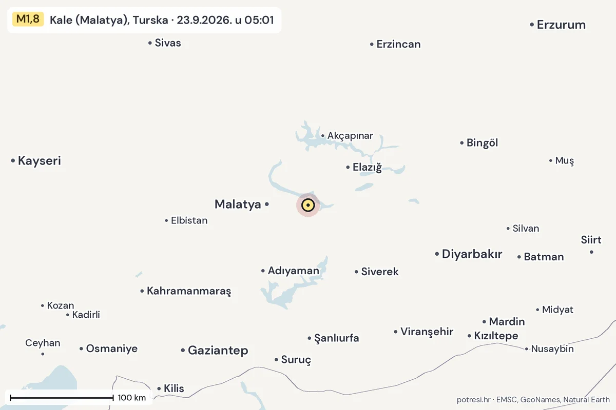 Karta: šire područje, 600 km, potres M1,8, Kale (Malatya), Turska, 23.9.2026.