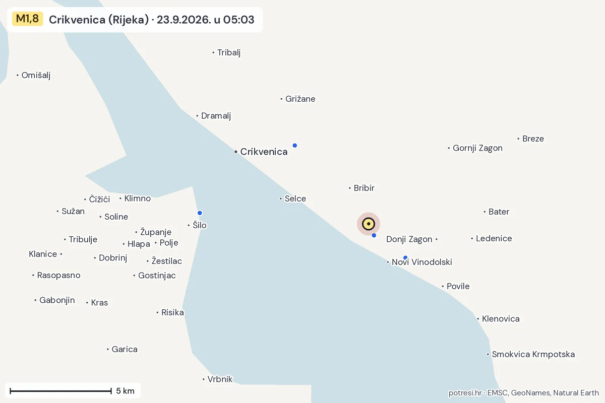 Karta: izvješća građana, potres M1,8, Crikvenica (Rijeka), 23.9.2026.