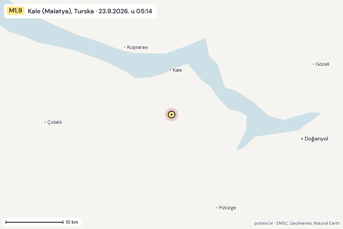 Karta: okolica epicentra, 60 km, potres M1,9, Kale (Malatya), Turska, 23.9.2026.