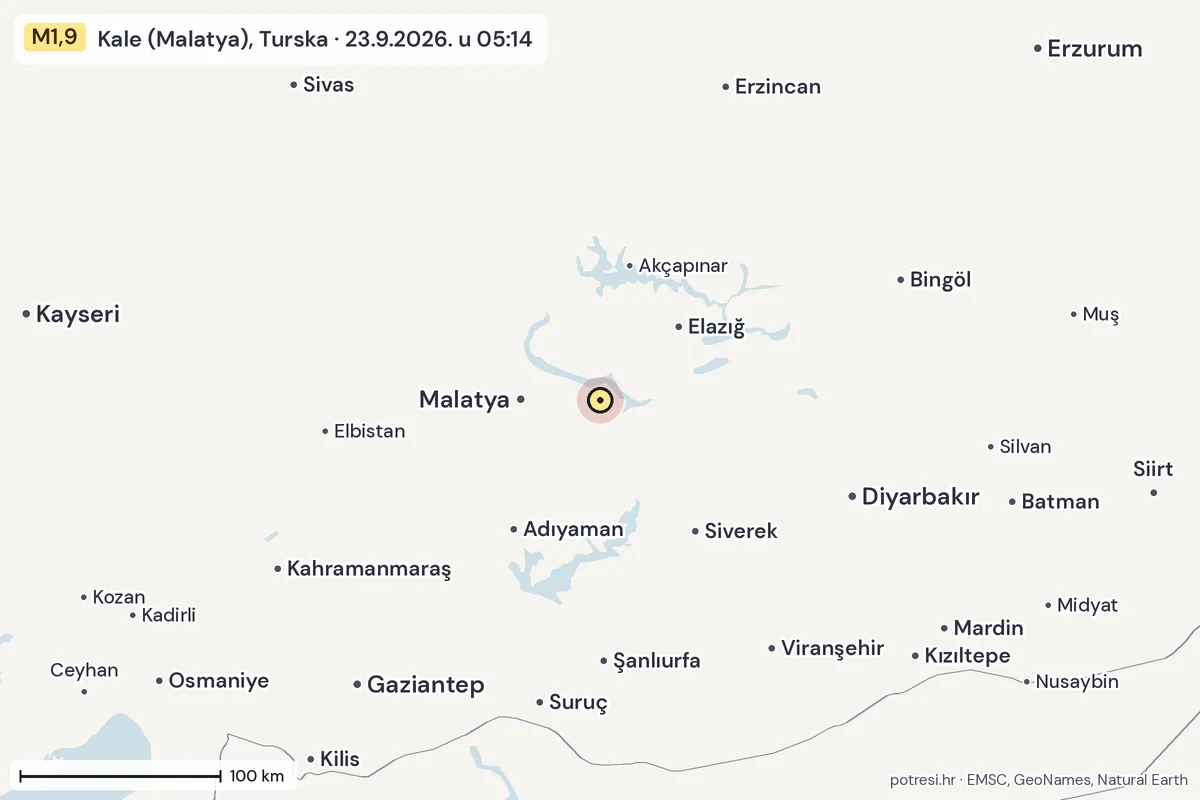 Karta: šire područje, 600 km, potres M1,9, Kale (Malatya), Turska, 23.9.2026.
