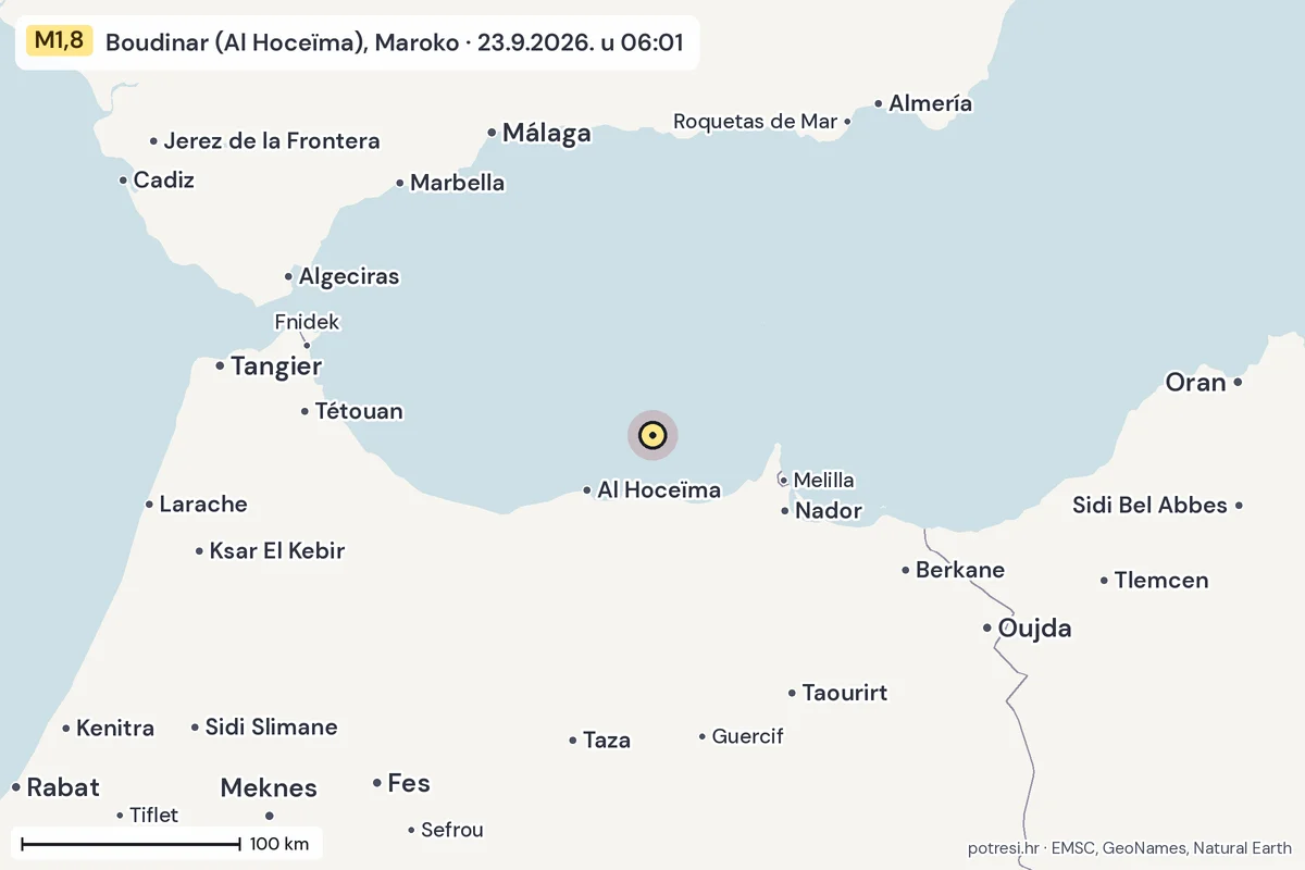 Karta: šire područje, 600 km, potres M1,8, Boudinar (Al Hoceïma), Maroko, 23.9.2026.