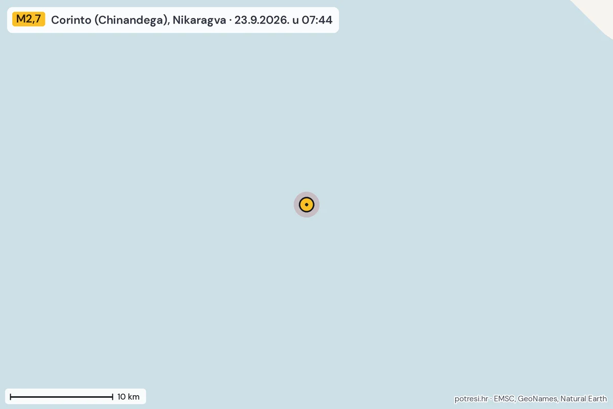 Karta: okolica epicentra, 60 km, potres M2,7, Corinto (Chinandega), Nikaragva, 23.9.2026.