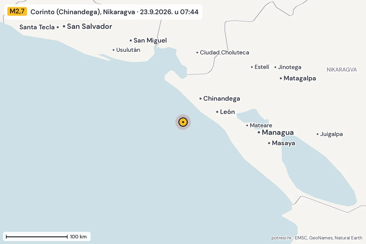 Karta: šire područje, 600 km, potres M2,7, Corinto (Chinandega), Nikaragva, 23.9.2026.