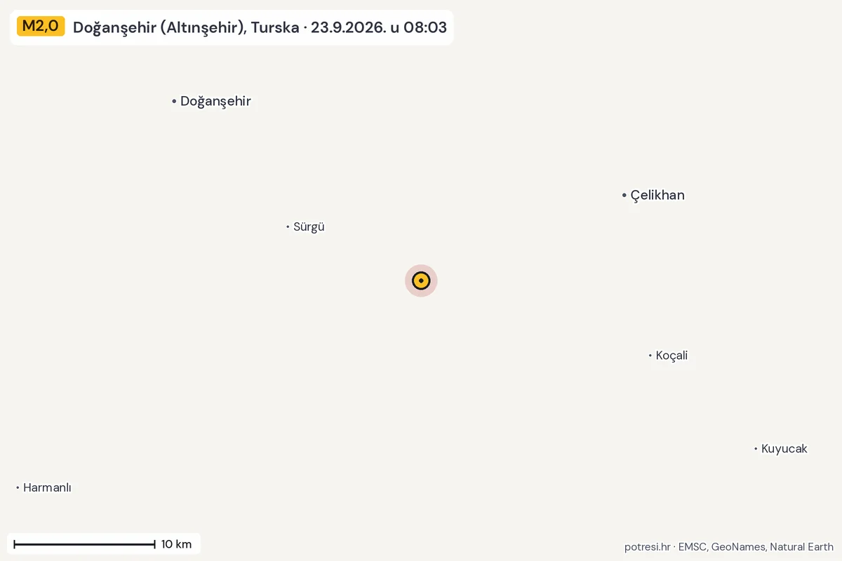 Karta: okolica epicentra, 60 km, potres M2,0, Doğanşehir (Altınşehir), Turska, 23.9.2026.