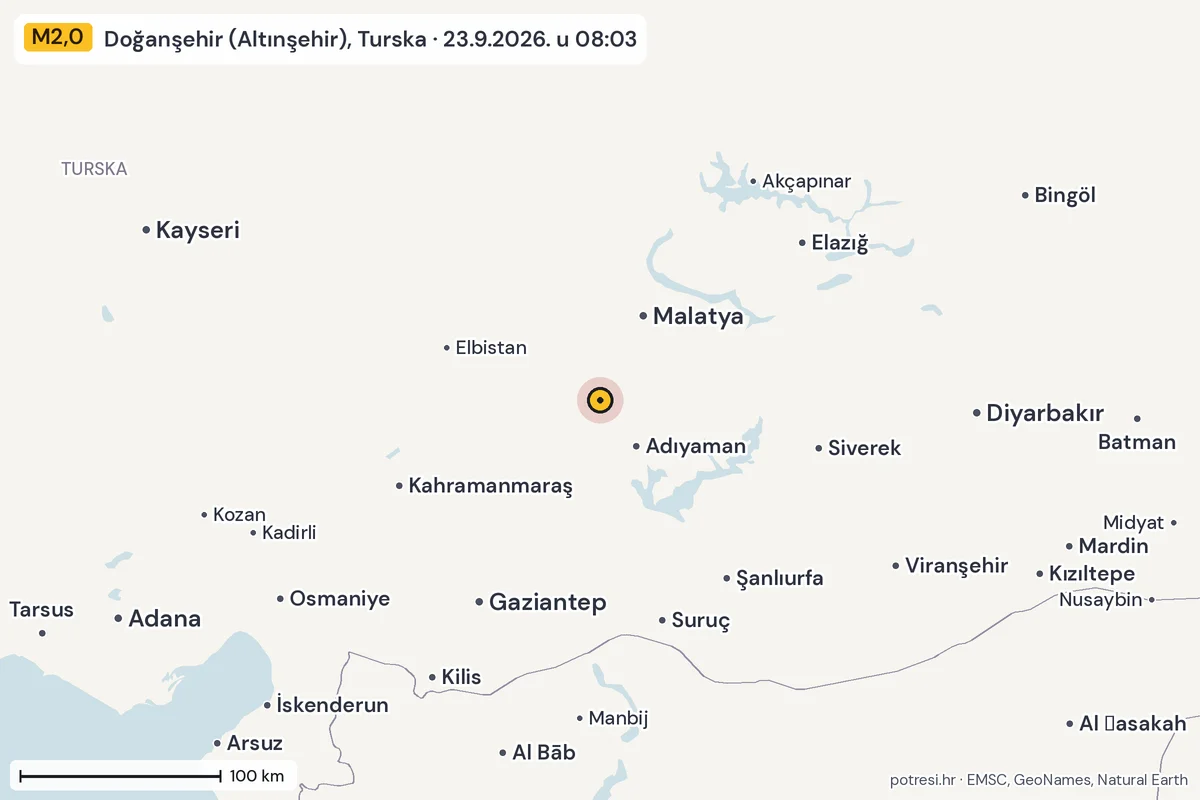 Karta: šire područje, 600 km, potres M2,0, Doğanşehir (Altınşehir), Turska, 23.9.2026.