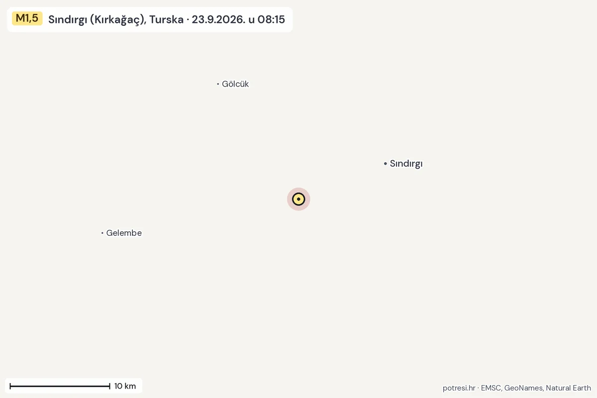 Karta: okolica epicentra, 60 km, potres M1,5, Sındırgı (Kırkağaç), Turska, 23.9.2026.
