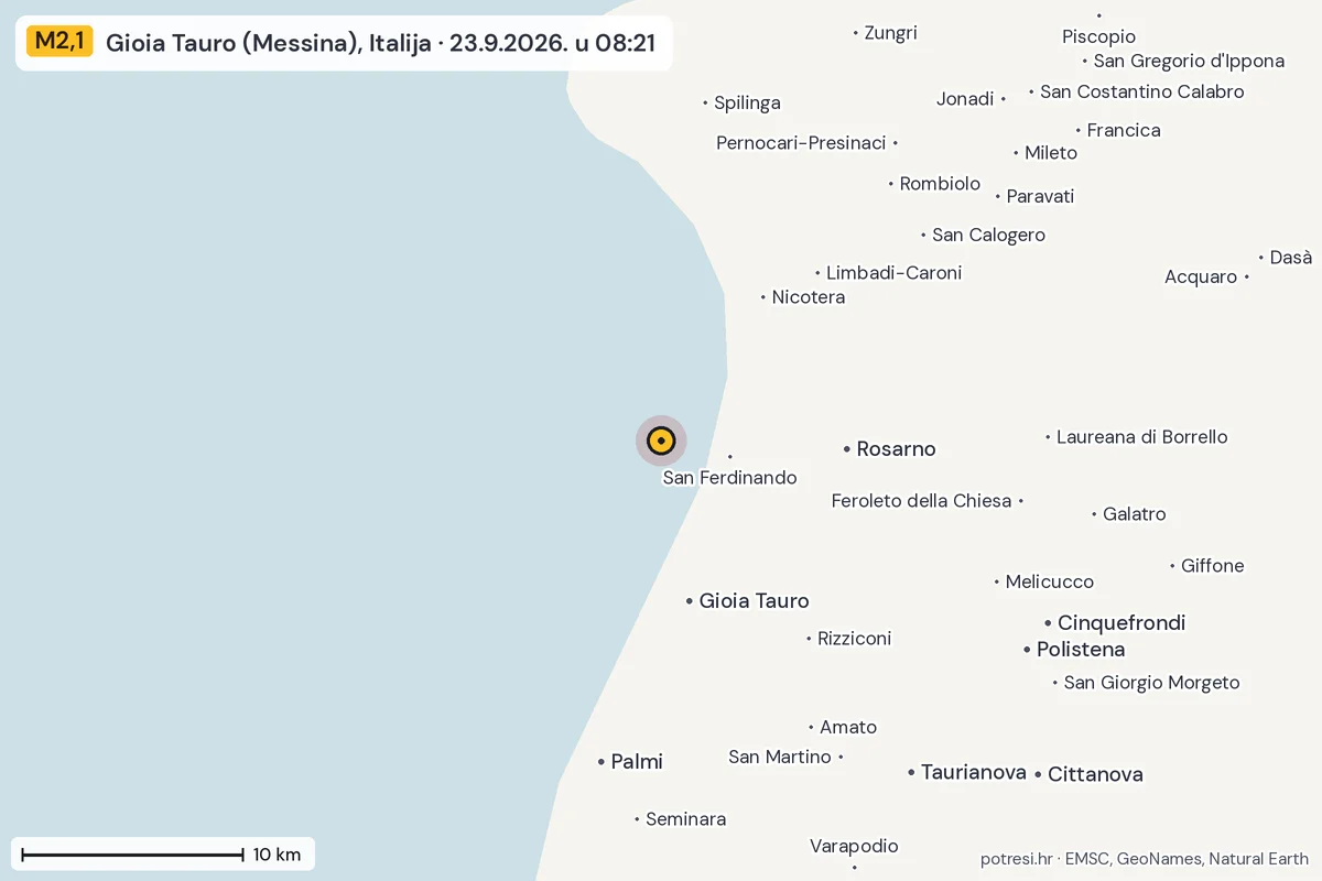 Karta: okolica epicentra, 60 km, potres M2,1, Gioia Tauro (Messina), Italija, 23.9.2026.