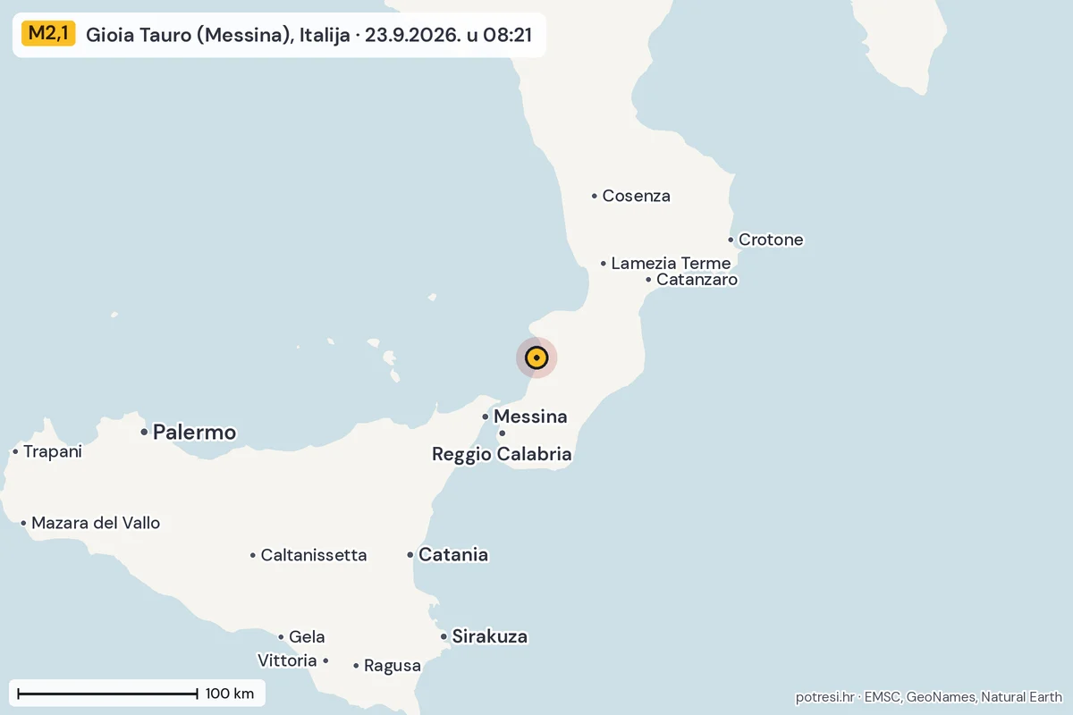 Karta: šire područje, 600 km, potres M2,1, Gioia Tauro (Messina), Italija, 23.9.2026.