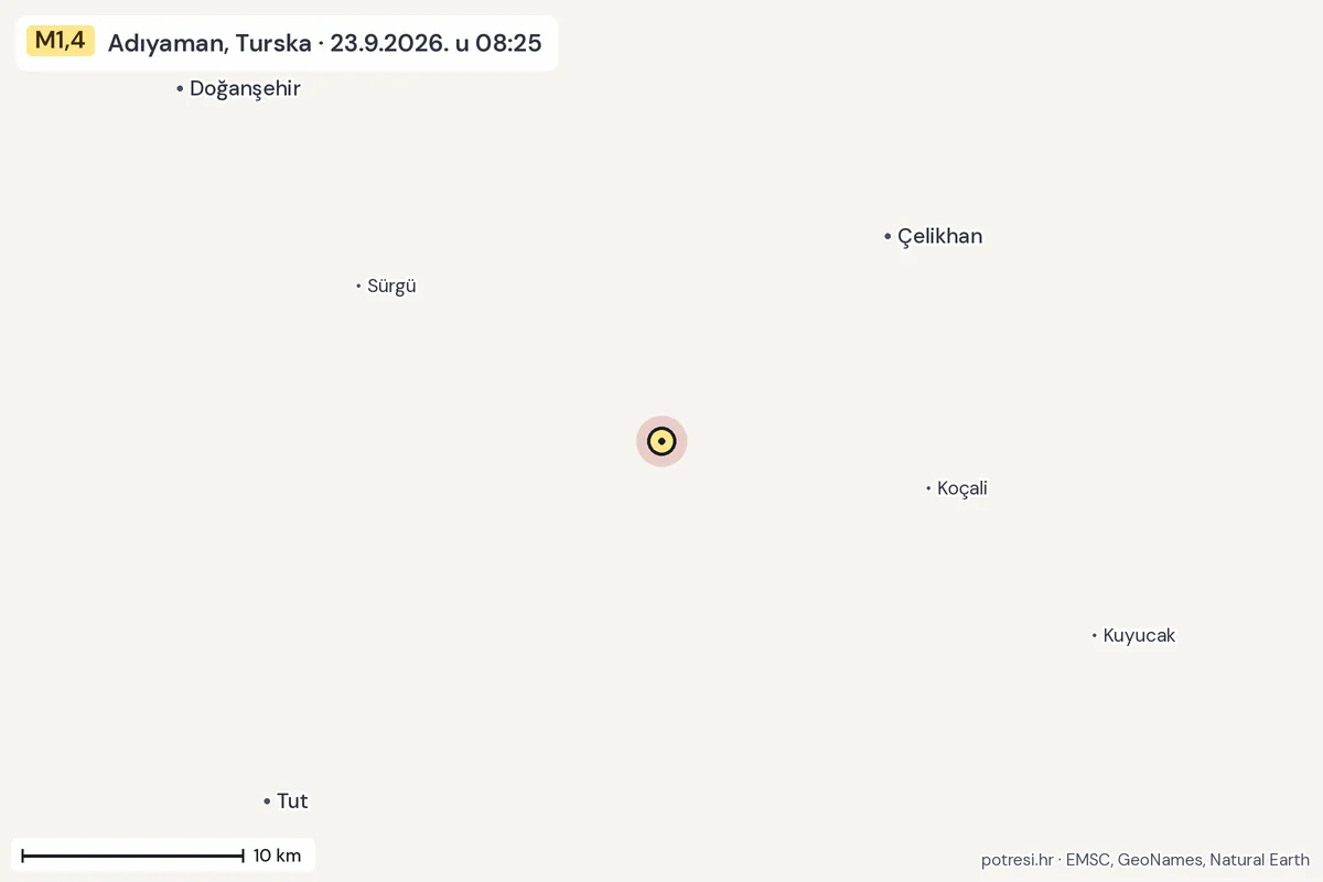 Karta: okolica epicentra, 60 km, potres M1,4, Adıyaman, Turska, 23.9.2026.