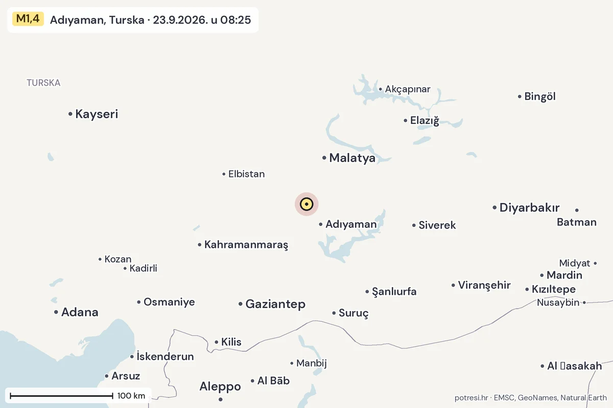 Karta: šire područje, 600 km, potres M1,4, Adıyaman, Turska, 23.9.2026.