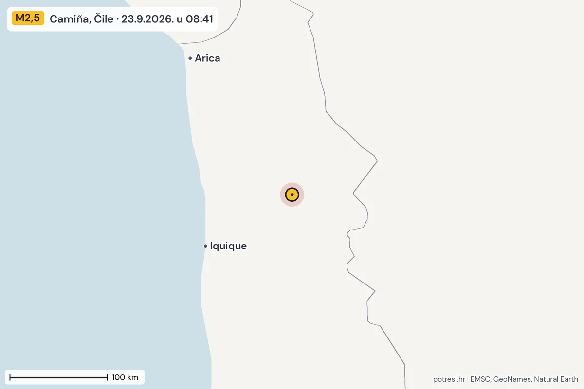 Karta: šire područje, 600 km, potres M2,5, Camiña, Čile, 23.9.2026.