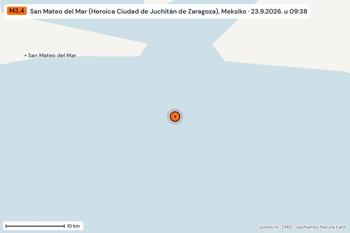 Karta: okolica epicentra, 60 km, potres M3,4, San Mateo del Mar (Heroica Ciudad de Juchitán de Zaragoza), Meksiko, 23.9.2026.