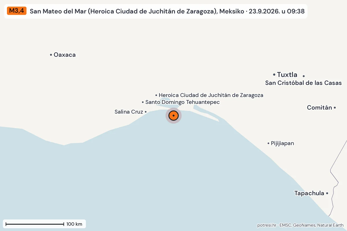 Karta: šire područje, 600 km, potres M3,4, San Mateo del Mar (Heroica Ciudad de Juchitán de Zaragoza), Meksiko, 23.9.2026.