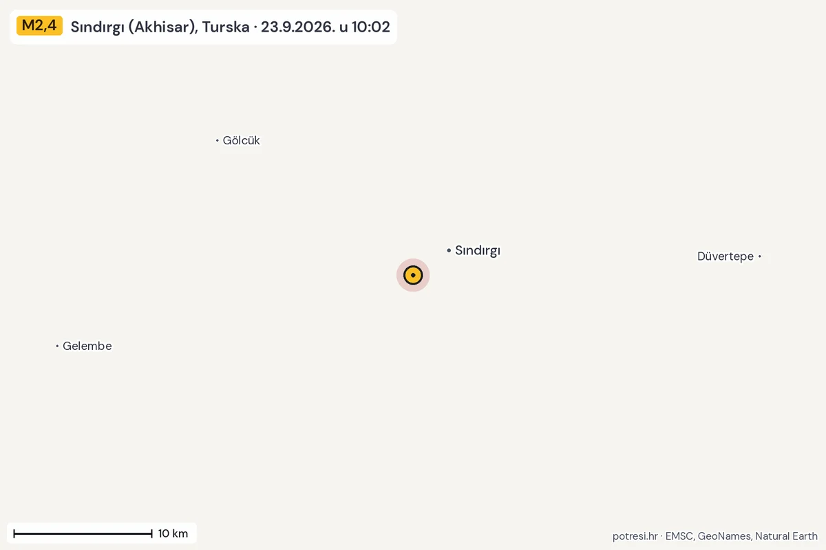 Karta: okolica epicentra, 60 km, potres M2,4, Sındırgı (Akhisar), Turska, 23.9.2026.