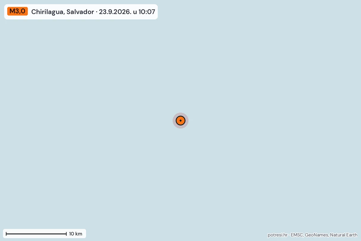 Karta: okolica epicentra, 60 km, potres M3,0, Chirilagua, Salvador, 23.9.2026.