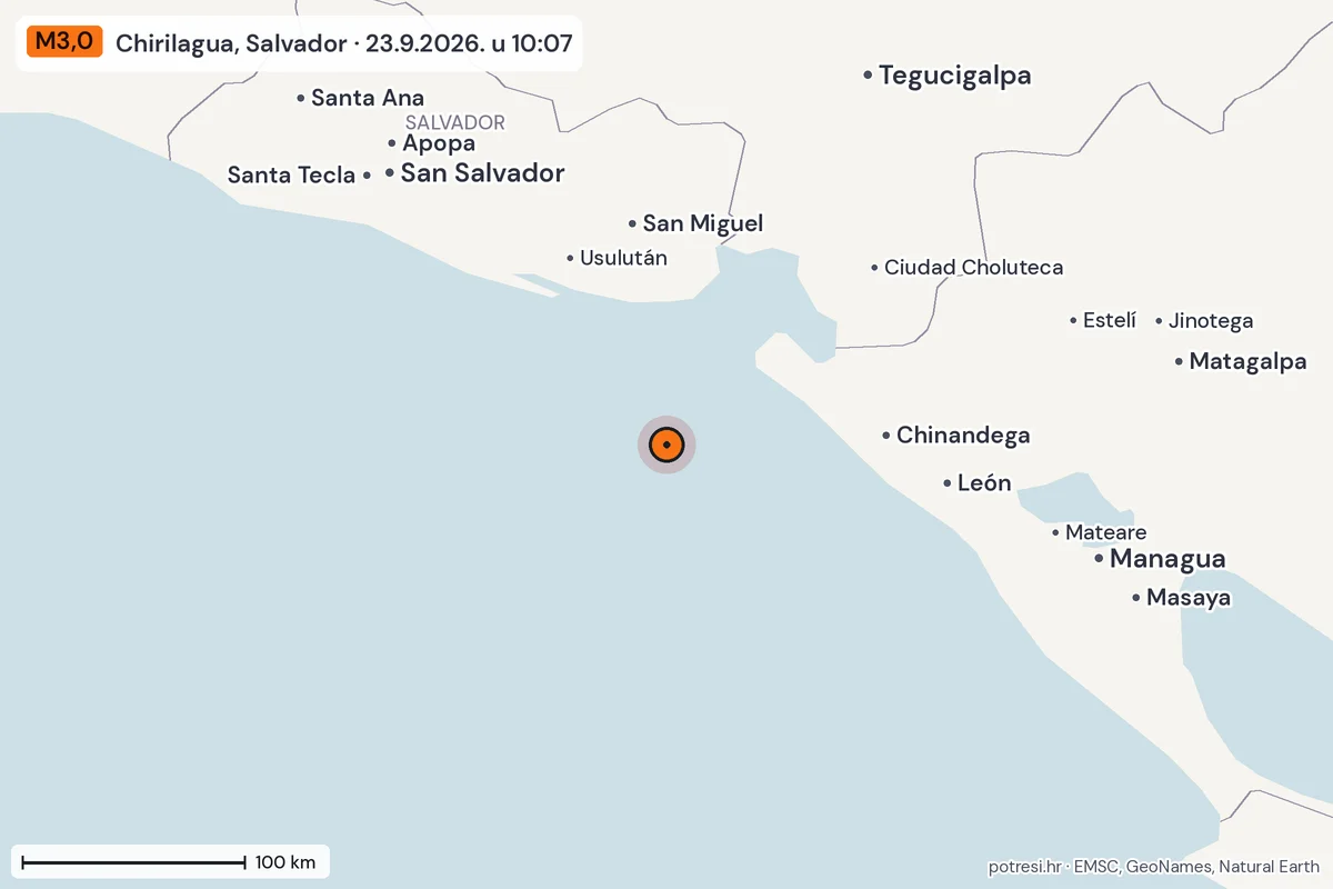Karta: šire područje, 600 km, potres M3,0, Chirilagua, Salvador, 23.9.2026.