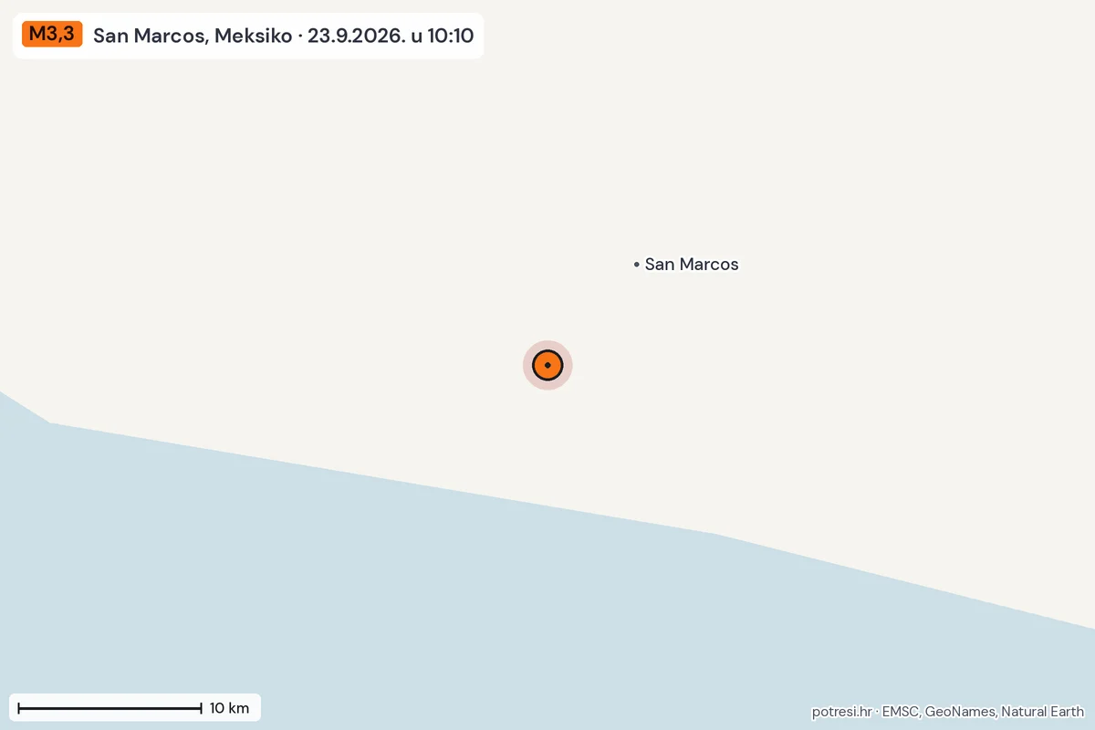 Karta: okolica epicentra, 60 km, potres M3,3, San Marcos, Meksiko, 23.9.2026.