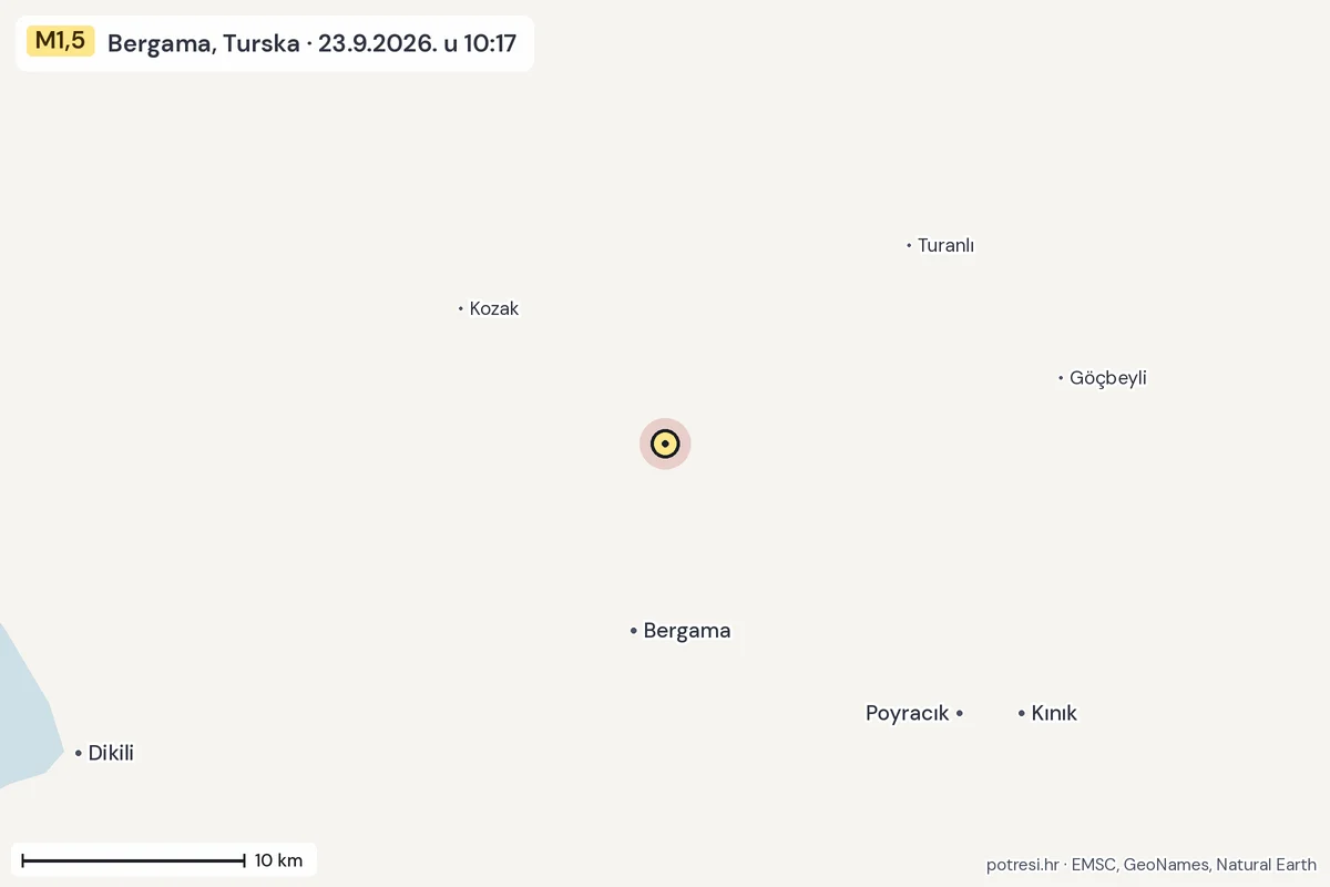 Karta: okolica epicentra, 60 km, potres M1,5, Bergama, Turska, 23.9.2026.